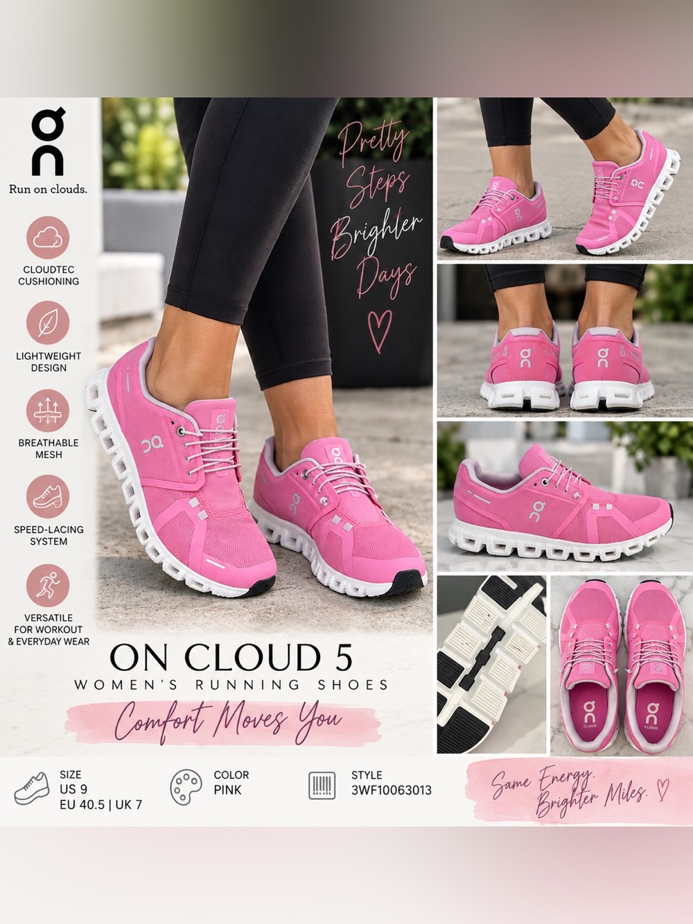 On Cloud 5 Women's Running Shoes Pink White Size 9